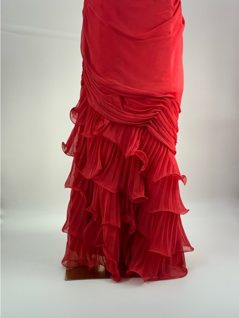 Dalia MacPhee Red One Shoulder Ruffle  Evening Gown Ruched Chiffon Formal  Dress - Picture 16 of 16